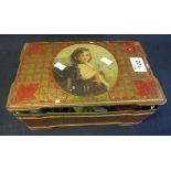 Vintage tin box comprising assorted cotton reels and sewing accessories. (B.P. 24% incl.