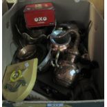 Box of assorted items, mainly metalware to include; beaten copper vessels, Oxo cubes tin, baskets,