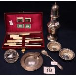 A bag of assorted silver and other items to include; sugar sifter, small circular ashtray,