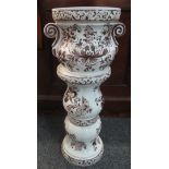 White and brown floral and foliate ceramic jardiniere on stand. (B.P. 24% incl.