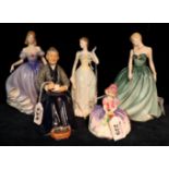 Five Royal Doulton bone china figurines to include; 'The Cup of Tea' HN2322, 'Monica' HN1467,