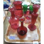 Tray of assorted mainly cranberry glass items; conical jug, ewer jug etc.