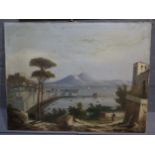 Italian school, bay of Naples with view of Mount Vesuvius, oils on canvas, indistinctly signed.