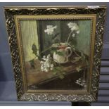 Megan Jones, 20th Century, still life study of a jug with flowers, oils on canvas, framed. (B.P.