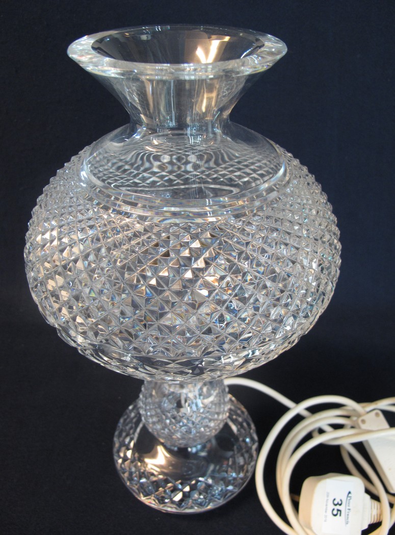 Waterford crystal table lamp, having hobnail cut, globular shade on double baluster base,