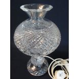 Waterford crystal table lamp, having hobnail cut, globular shade on double baluster base,