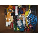 Two boxes of assorted play worn diecast model vehicles, together with modern metal wall signs,