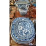 19th Century transfer printed blue and white pedestal two handled bowl or tureen and a 19th Century