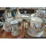 Two trays of blush ivory pottery and porcelain items to include; Crown Ducal ware biscuit barrel,