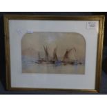 Marine study with boats and distant mountains with fort, watercolour, framed and glazed,