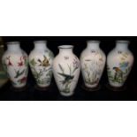 Set of five Franklin porcelain bird vases including; The Woodland bird vase,