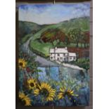 Hazel Morris (contemporary Welsh), cottage on a lane with sunflowers, signed and dated 2018,