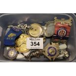 Tub of oddments to include; silver ladies fancy fob watch, silver gilt Masonic lodge jewels,