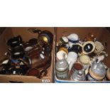 Two boxes of various china to include; copper lustre dresser jugs, copper lustre teapots,