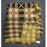 Vintage woollen Welsh tapestry yellow ground geometric design blanket or carthen with fringed edge.