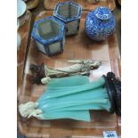 Tray of modern oriental items to include; blue and white ginger jar and cover,