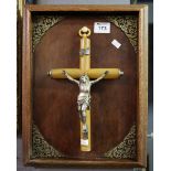 White metal holy water stoop hanging on a wooden framed panel. (B.P. 24% incl.