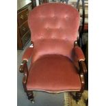 Late Victorian button back upholstered walnut framed fireside chair. (B.P. 24% incl.