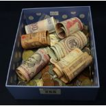 Box of assorted GB and foreign coins, bank notes to include: Belize two dollars, ten rupees etc. (B.