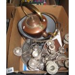 Box of metalware to include; copper kettle, white metal candlesticks and tray,