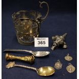 Bag of silver and other oddments to include; pierced cup holder with Sheffield hallmarks,