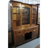 Edwardian oak two stage cabinet back stained glass and lead glazed dog kennel dresser. (B.P.