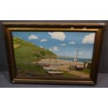 J.L. Haydon 1963, summer seaside landscape with figures and yachts, oils on board, framed. (B.P.