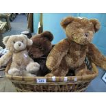 Wicker basket containing assorted modern soft teddy bears, Bear Factory etc. (B.P. 24% incl.
