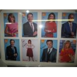 Framed montage of television personality photographic portraits all signed,