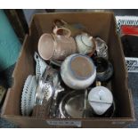 Box of assorted china and metalware to include; floral teaware, fruit design plates and bowl,