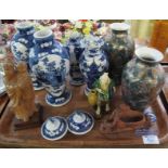 Tray of assorted Chinese items to include: pair of blue and white baluster vases;