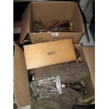 Two boxes to include: vintage tools; vintage carpenter's tools; drill pieces; chisels etc. (B.P.