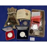 Box of assorted GB and other coinage, some cased, bag of copper coinage,