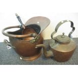 Heavy brass copper kettle and a brass helmet shaped coal scuttle with shovel. (3) (B.P. 24% incl.