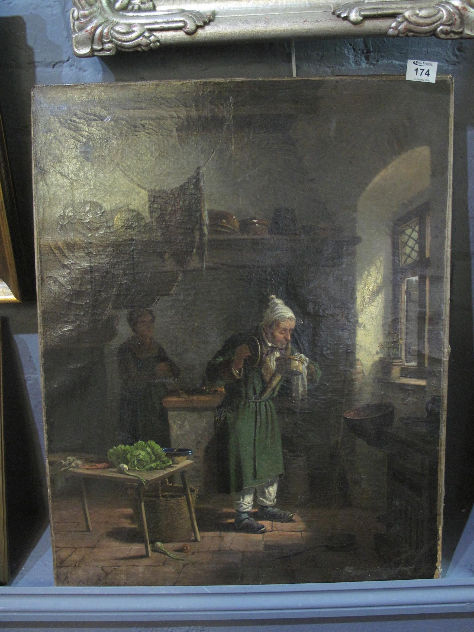 Continental school, kitchen interior with figures, indistinctly signed, oils on canvas. - Image 4 of 6