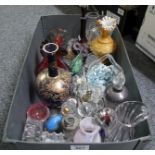 Box of assorted items mainly glassware to include; coloured glass vases and decanter and stopper,