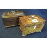 19th Century burr walnut sarcophagus shaped tea caddy with bone escutcheon,