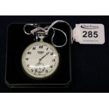 A Sekonda keyless pocket watch with steam train motif and chain, in original box. (B.P. 24% incl.