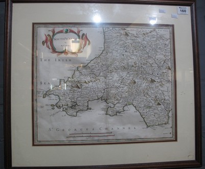 Robert Mordern, original sparsely coloured map 'South Wales', 36 x 43cm approx. Framed and glazed.