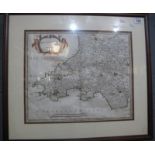 Robert Mordern, original sparsely coloured map 'South Wales', 36 x 43cm approx. Framed and glazed.