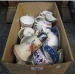 Box of assorted china to include; various floral teaware, 'The Caughley jug by Coalport' x 2,
