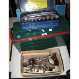Collection of tools in tin and work boxes to include: spanners; socket set with metal case x2;