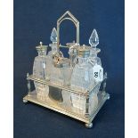 Late Victorian presentation silver plated and glass six piece cruet set presented to J & E