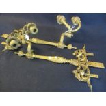 Two pairs of yellow metal classical design double wall sconces. 44cm high approx. (2) (B.P.