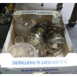 Box of assorted double oil burners with clear glass reservoir and etched shades,
