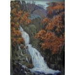 Hazel Morris, (Welsh, contemporary), 2019, waterfall study with autumn leaves and trees, unframed,