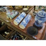 Two trays of Japanese items to include: pair of polychrome cylinder vases;