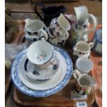 Tray of assorted china to include; 19th Century Gaudy Welsh jugs, blue and white plates,