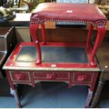 Painted late Victorian oak ladies writing desk with carved mask head mounts to the drawers,