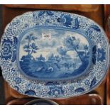 19th Century blue and white transfer printed oval meat dish,